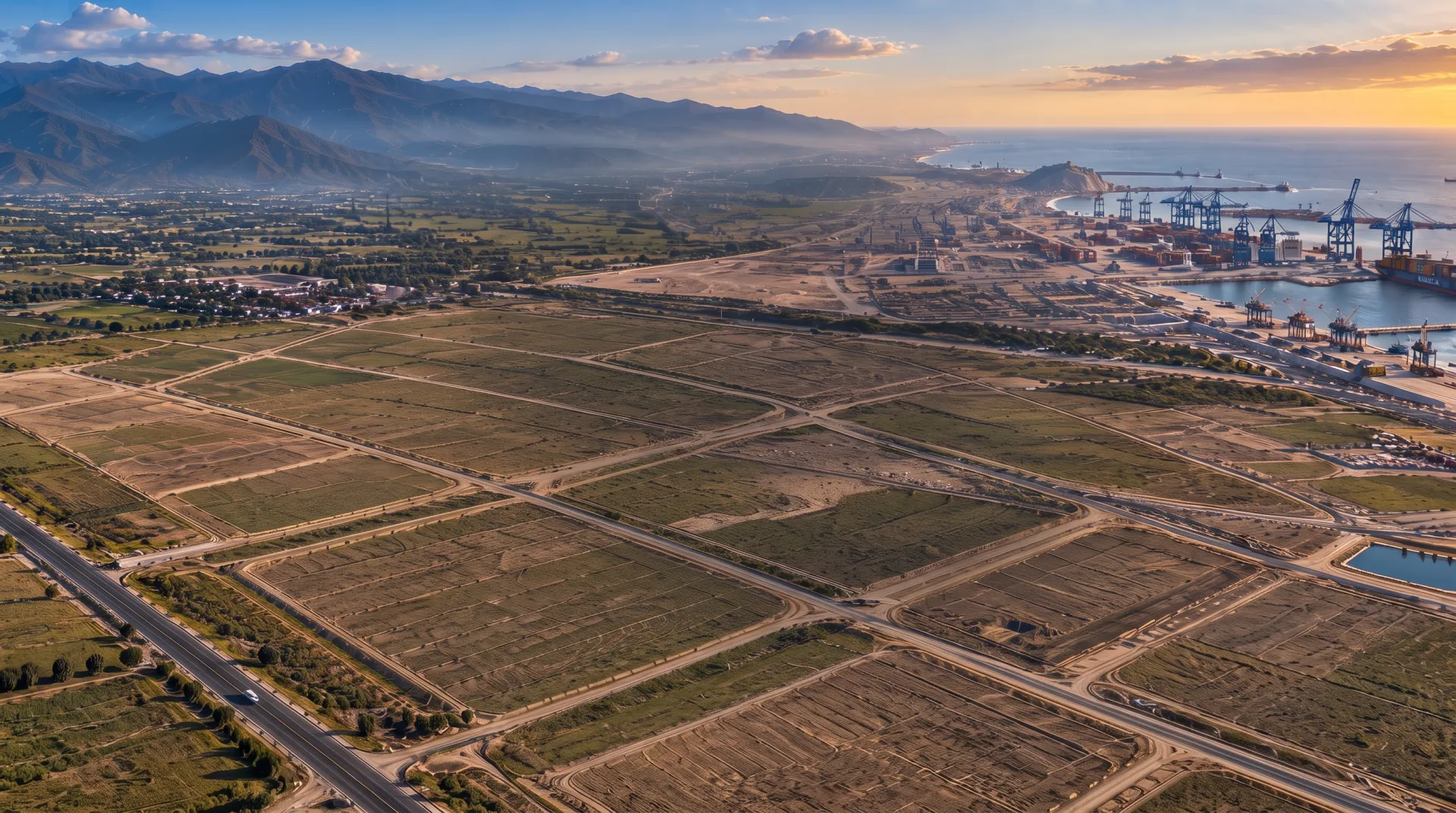 Vista aérea de lotes en Huaral con el puerto de Chancay al fondo
