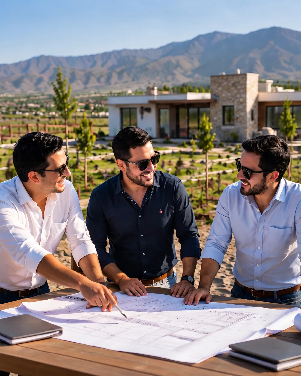 Los tres socios de MEK revisando planos frente a una casa de campo