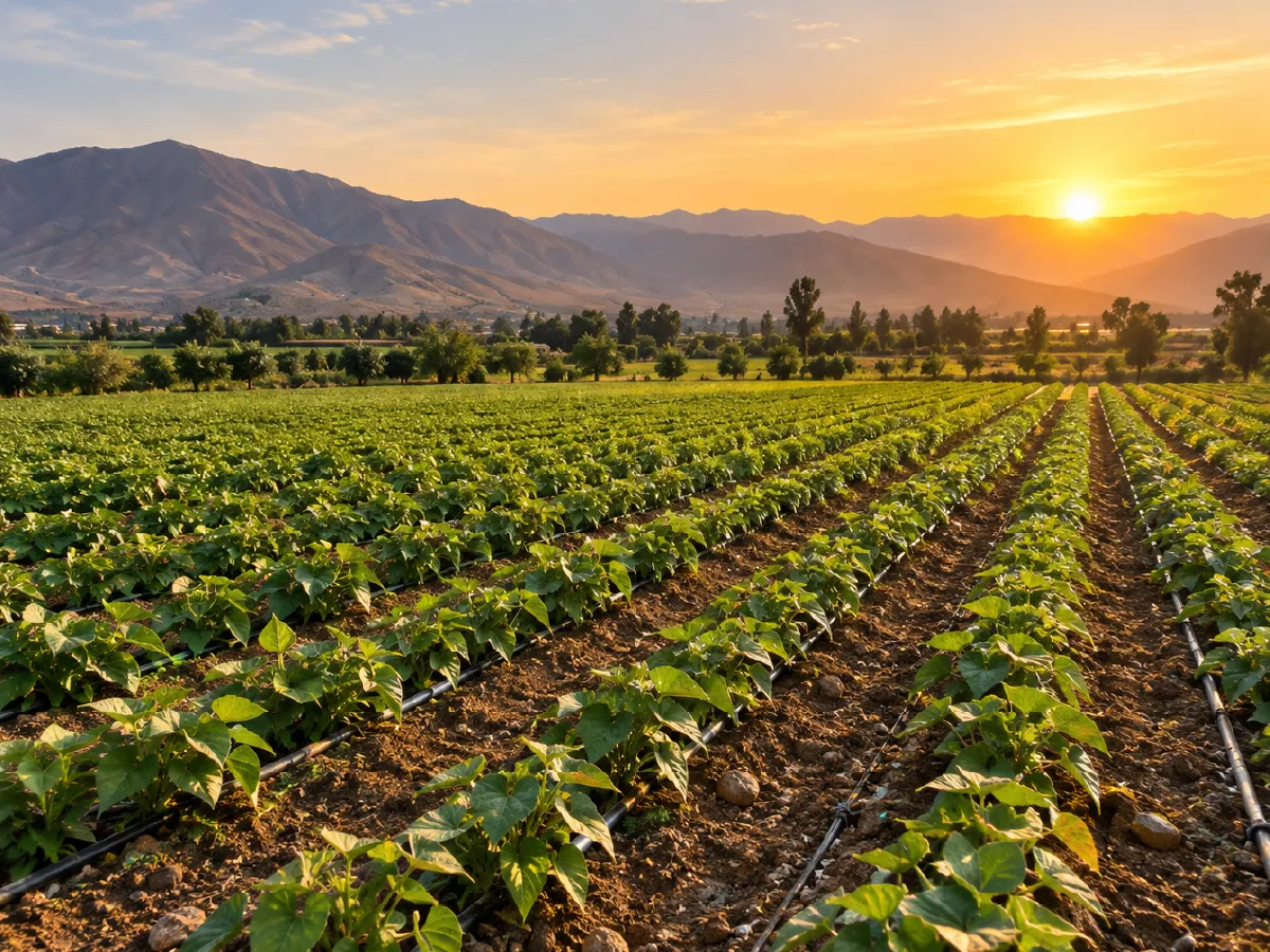 Terreno agrícola con cultivos al atardecer