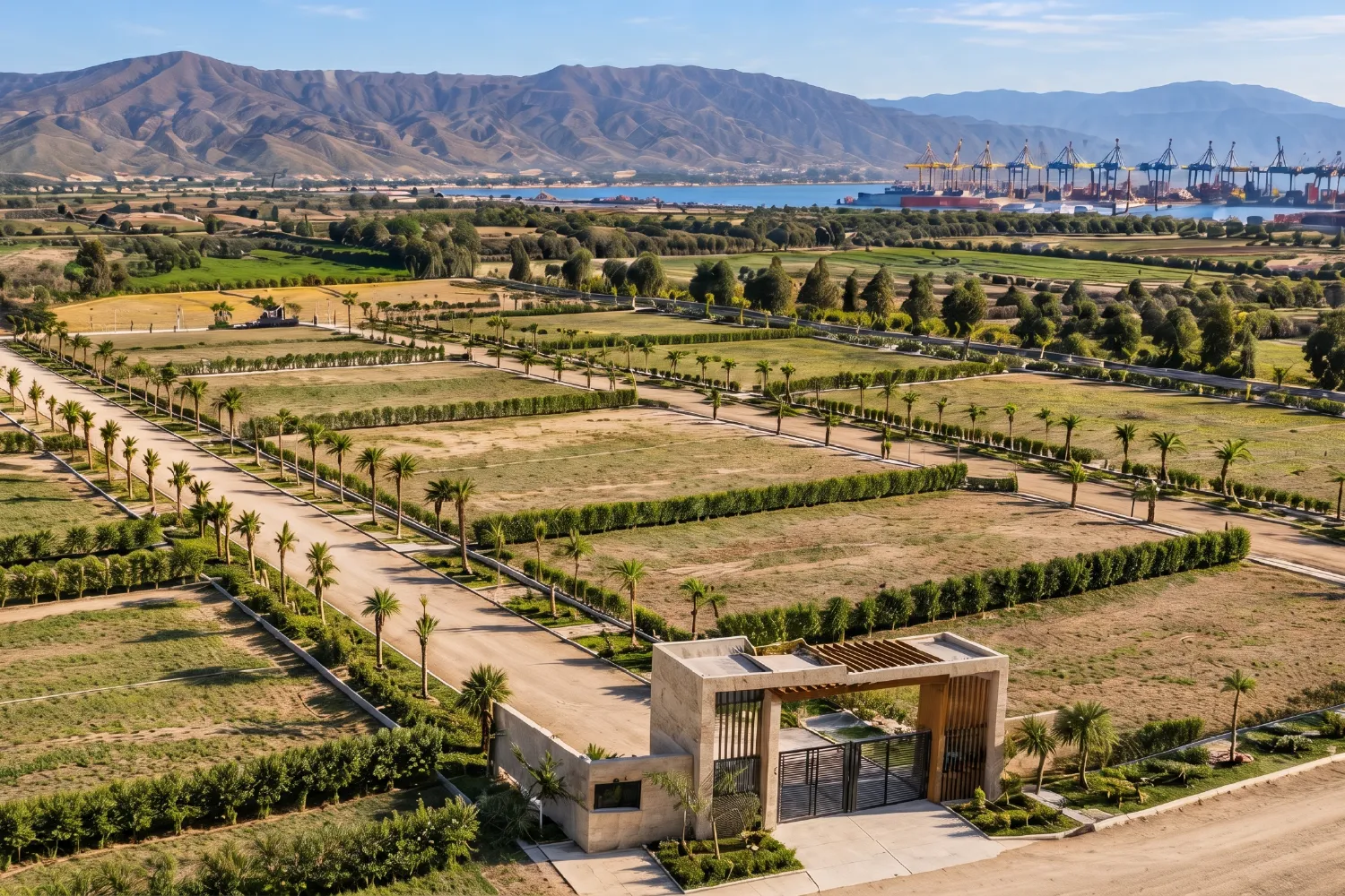 Lotes de campo con palmeras y pórtico de ingreso