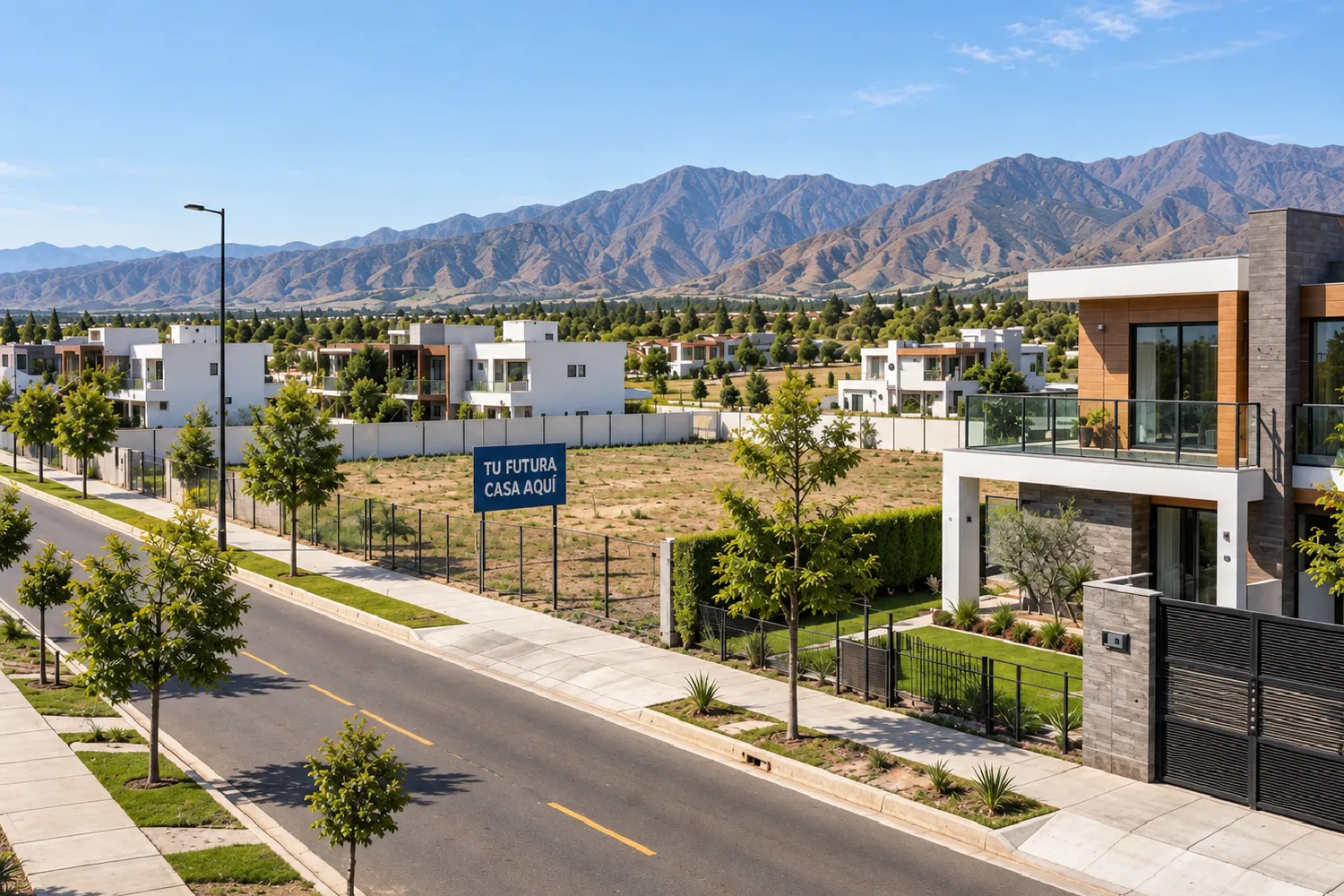 Calle de una urbanización con casas modernas y lote en venta